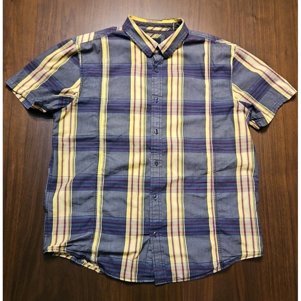 prAna Men's Short Sleeve Button Up Plaid Shirt Organic Cotton Large